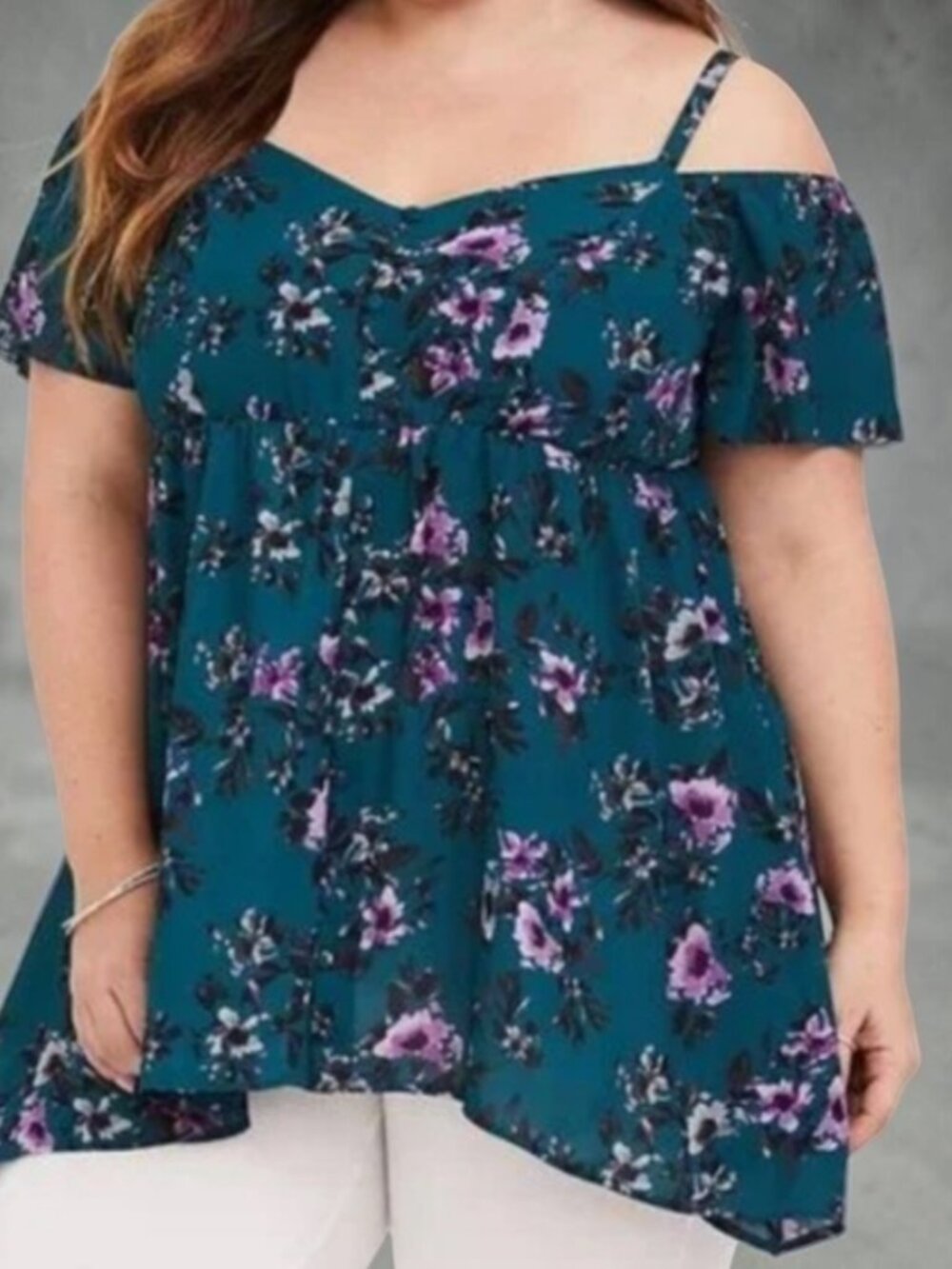 TORRID (2X) Cold Shoulder Baby Doll Blouse Turquoise and Floral